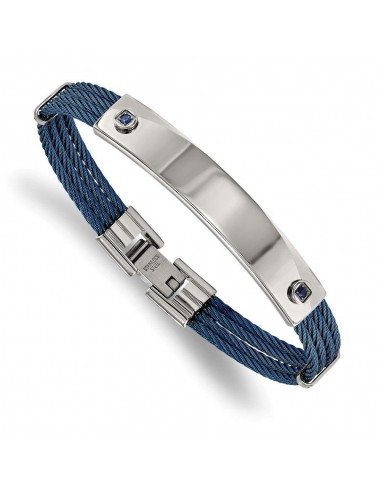 Stainless Steel Polished Blue IP-plated Cable Blue CZ 7.25in ID Bracelet soldes