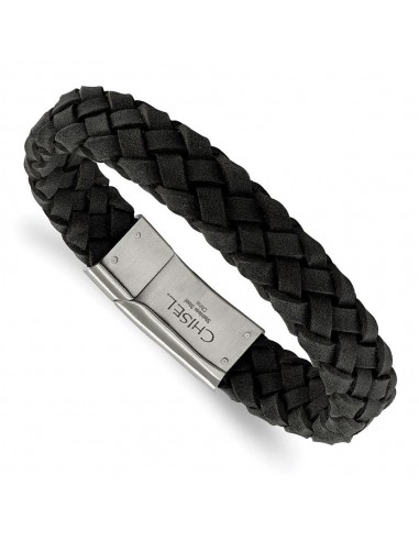 Stainless Steel Brushed Black Leather Bracelet En savoir plus