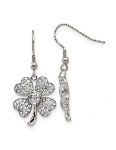 Stainless Steel Polished 4-Leaf Clover w/CZ Shepherd Hook Earrings destockage