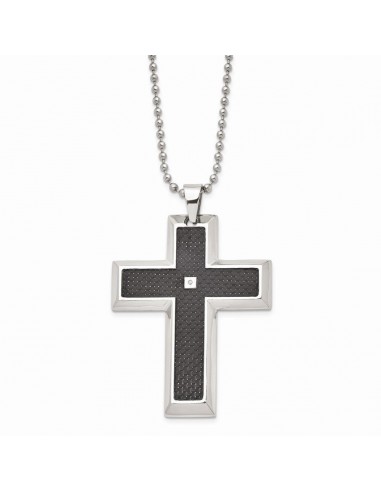 Stainless Steel Blk Carbon Fiber Inlay .01ct. Diamond Accent Cross Necklace acheter en ligne