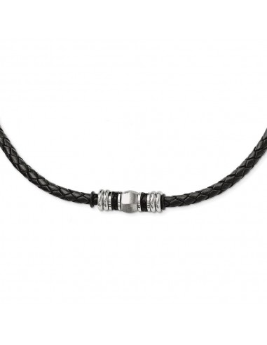 Stainless Steel Polished and Brushed Black Leather & Rubber Necklace livraison gratuite