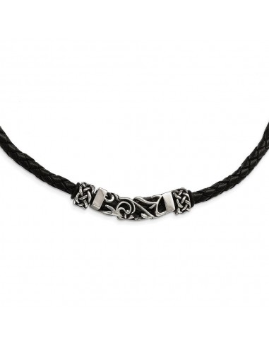 Stainless Steel Black Leather w/Antiqued Beads Necklace pas cher 