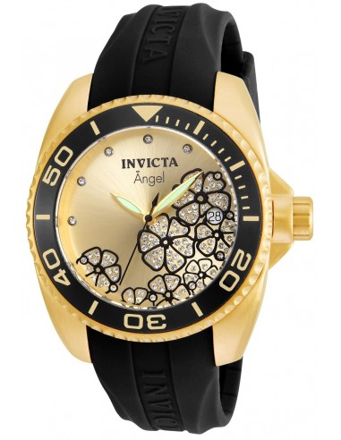 Invicta 23488 Women's Angel Crystal Accented Gold Dial Black Silicone Strap Watch des créatures d'habitude