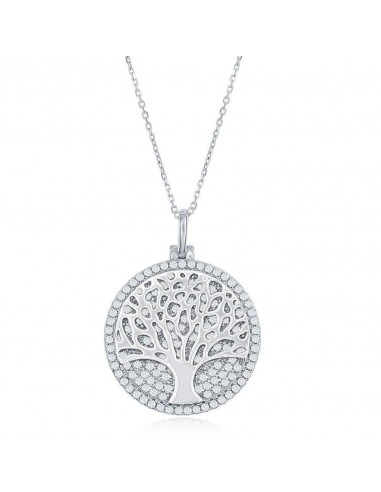 Sterling Silver Micro Pave Disc with Center Tree of Life Necklace Profitez des Offres !