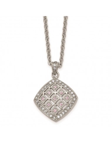 Stainless Steel Polished Clear and Pink CZ Square Necklace Découvrez la collection