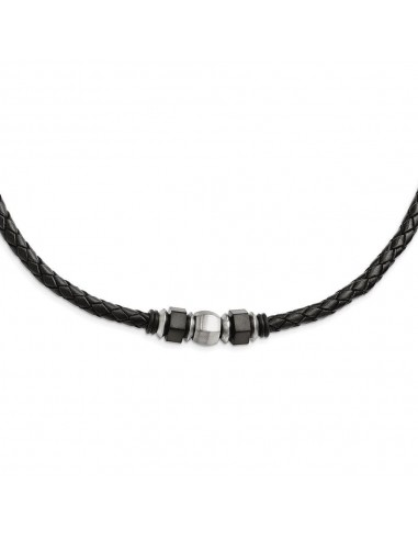 Stainless Steel Brushed Leather Black IP-plated & Rubber Necklace Economisez 