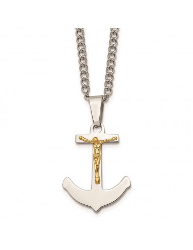 Stainless Steel w/14k Gold Crucifix Anchor Necklace Vous souhaitez 