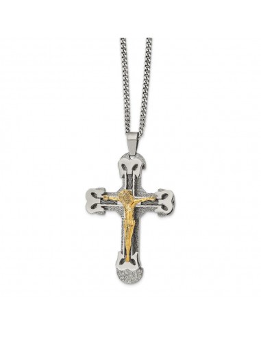 Stainless Steel Gold IP w/ Brushed & Polished Cable Cross Necklace pas cher chine