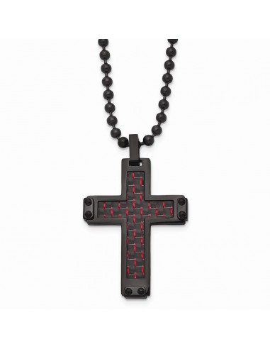 Stainless Steel Polished Black IP Blk/Red Carbon Fiber Inlay Cross Necklace solde