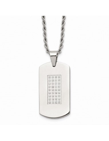 Stainless Steel Polished & CZs Dog Tag Necklace Venez découvrir notre 