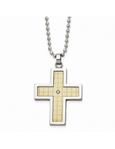 Stainless Steel w/18k Polished Textured Diamond Cross Necklace d'Europe débarque