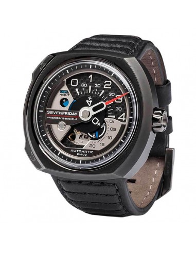 SevenFriday Men's Automatic Watch - V-Series Black Semi-Matte Leather Strap | V3-01 en linge