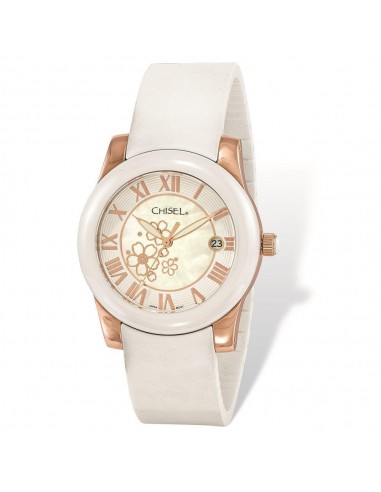 Ladies Chisel Rose IP-plated Floral Dial White Strap Watch de technologie