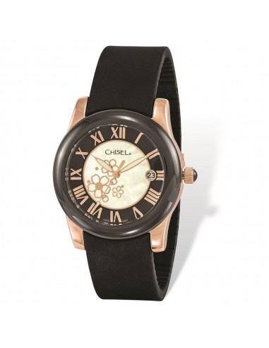 Ladies Chisel Rose IP-plated Floral Dial Black Strap Watch paiement sécurisé