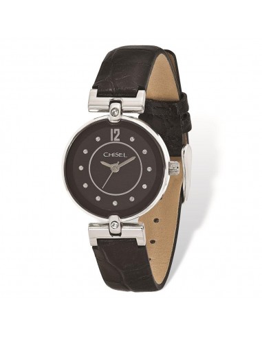 Ladies Chisel Black Dial Black Leather Watch pas chere