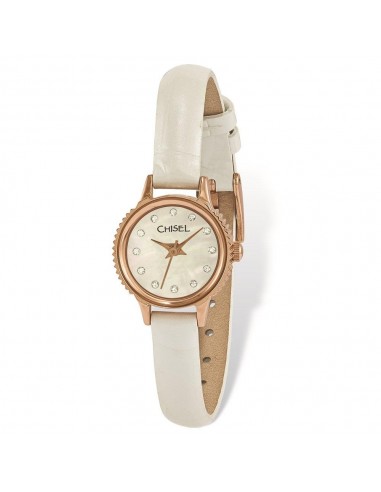 Ladies Chisel Rose IP-pltd Stainless Steel Wht Lthr Strap Watch en stock