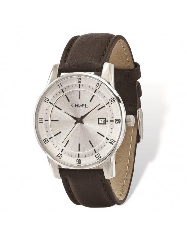 Mens Chisel Stainless Steel Silver Dial Brown Leather Watch Les magasins à Paris et en Île-de-France