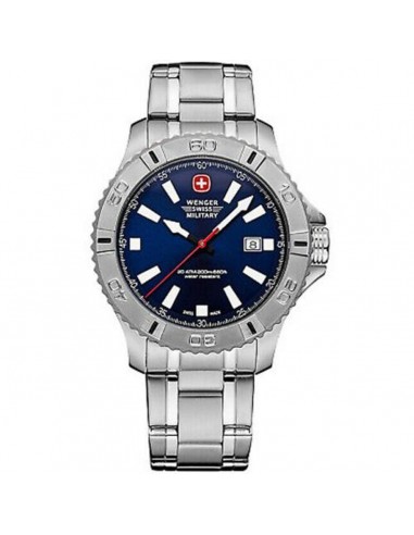 Wenger Men's Swiss Quartz Watch - Blue Dial Silver Tone Steel Bracelet | 01.9041.211C rembourrage situé sous