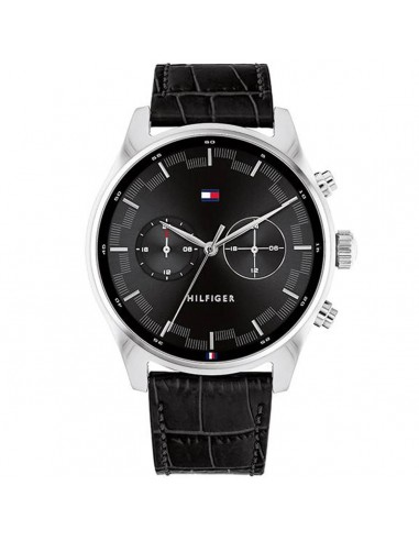 Tommy Hilfiger Men's Quartz Watch - Sawyer Dual Time Black Leather Strap | 1710424 Pour