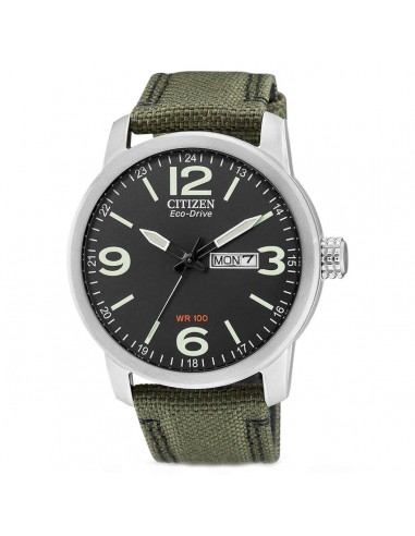 Citizen Men's Watch - Eco-Drive Day-Date Black Dial Green Nylon Strap | BM8470-11E livraison gratuite